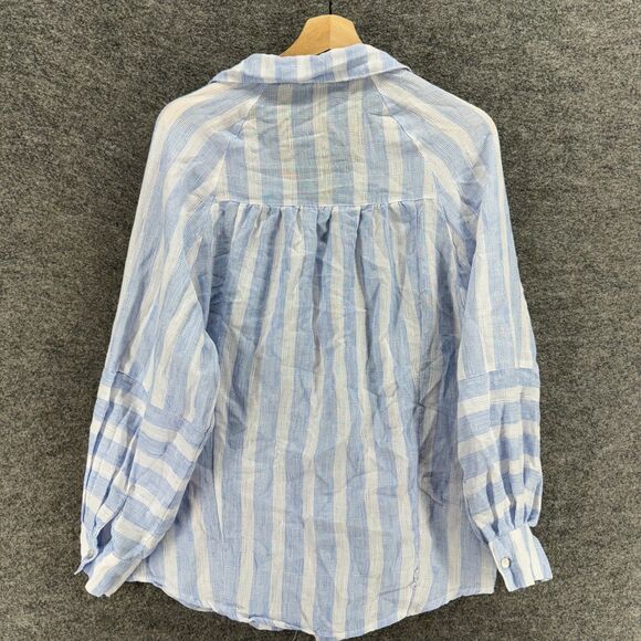 Heroes And Dreamers Shirt Women M Medium Blue Striped Button Up Collared Cotton - Picture 2 of 7